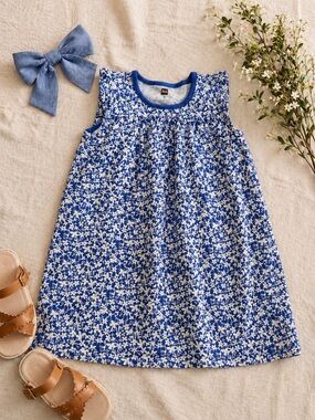 Tea Collection Girls Blue Floral Dress Size 5 Cotton Summer Play Dress